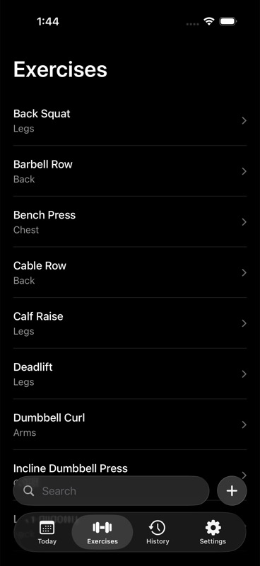JustSets Exercises screen
