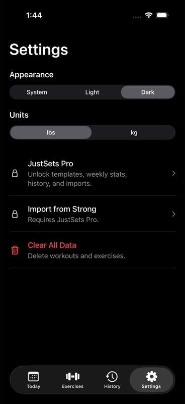 JustSets Settings screen showing Pro and Strong import options.